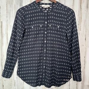 Ann Taylor Loft Embroidered Button Down Shirt XS Collarless Gray Cream Boho EUC